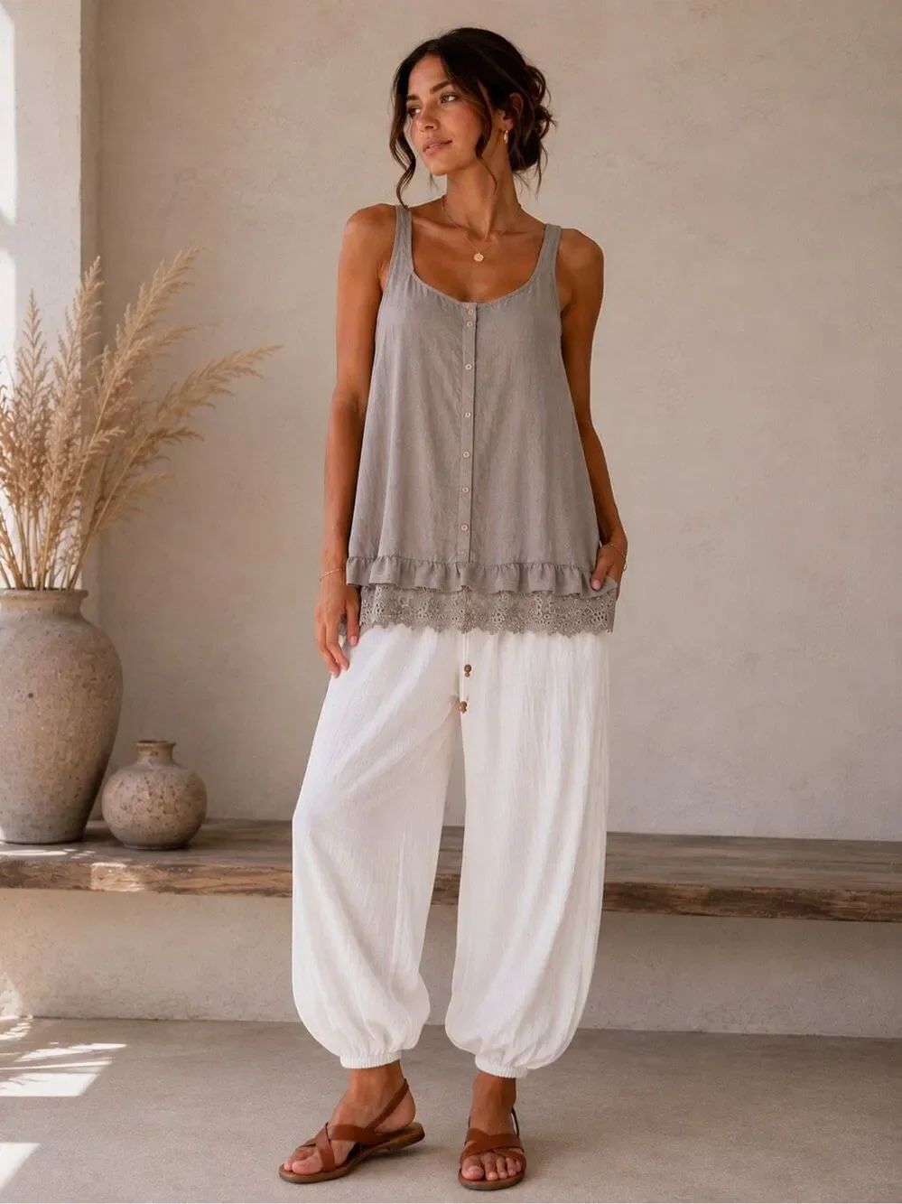 Italian Linen Lace Trim Tank Top Taupe Boho L US Sleeveless Rare Italy